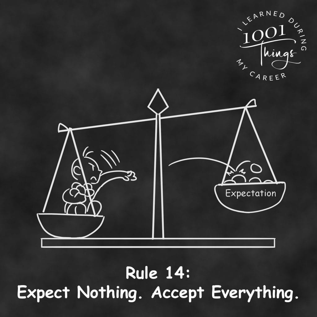 An illustration of a person standing on one side of a scale, trying to balance expectations.