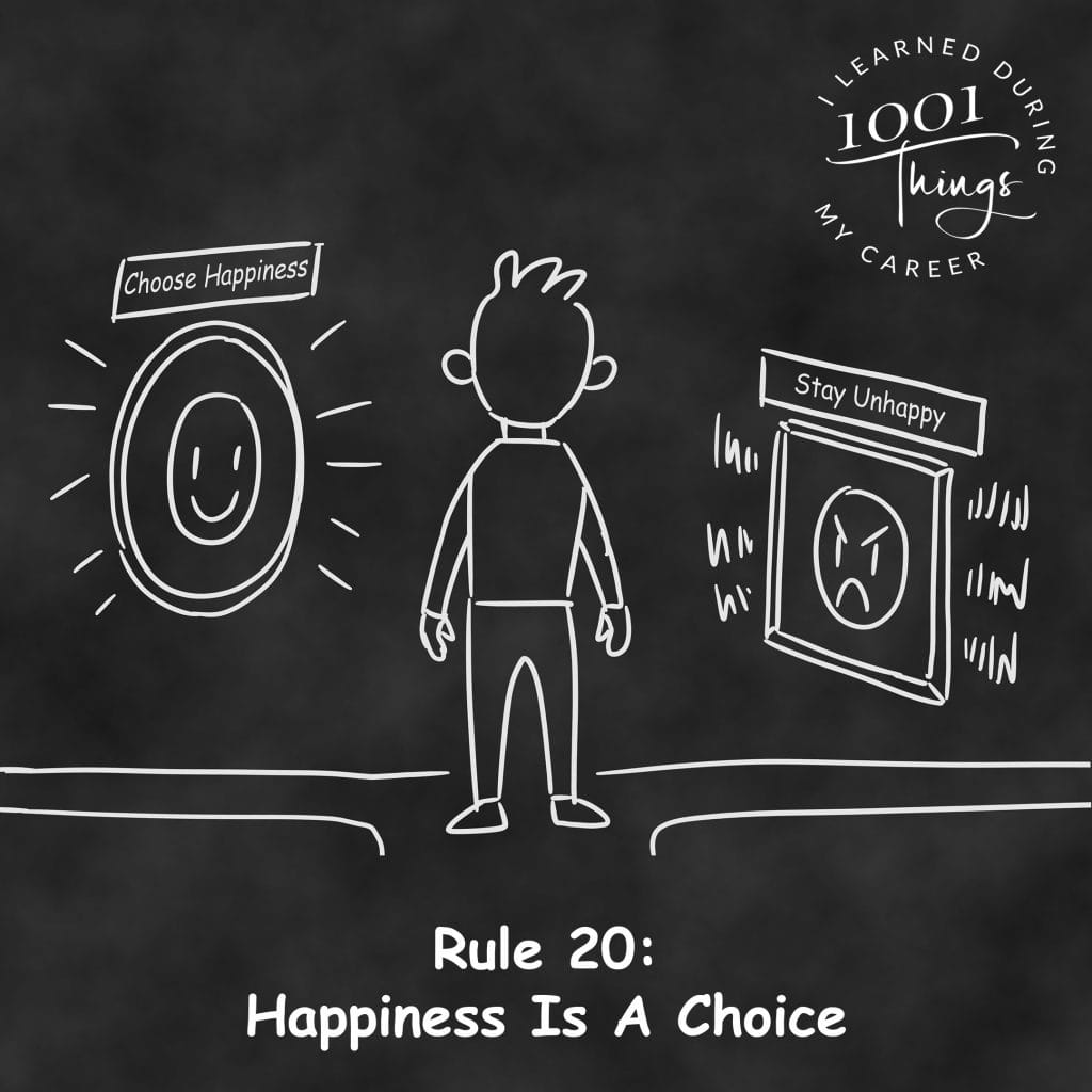 A person standing at a crossroads with two paths - one labeled "Choose Happiness" and the other "Stay Unhappy."
