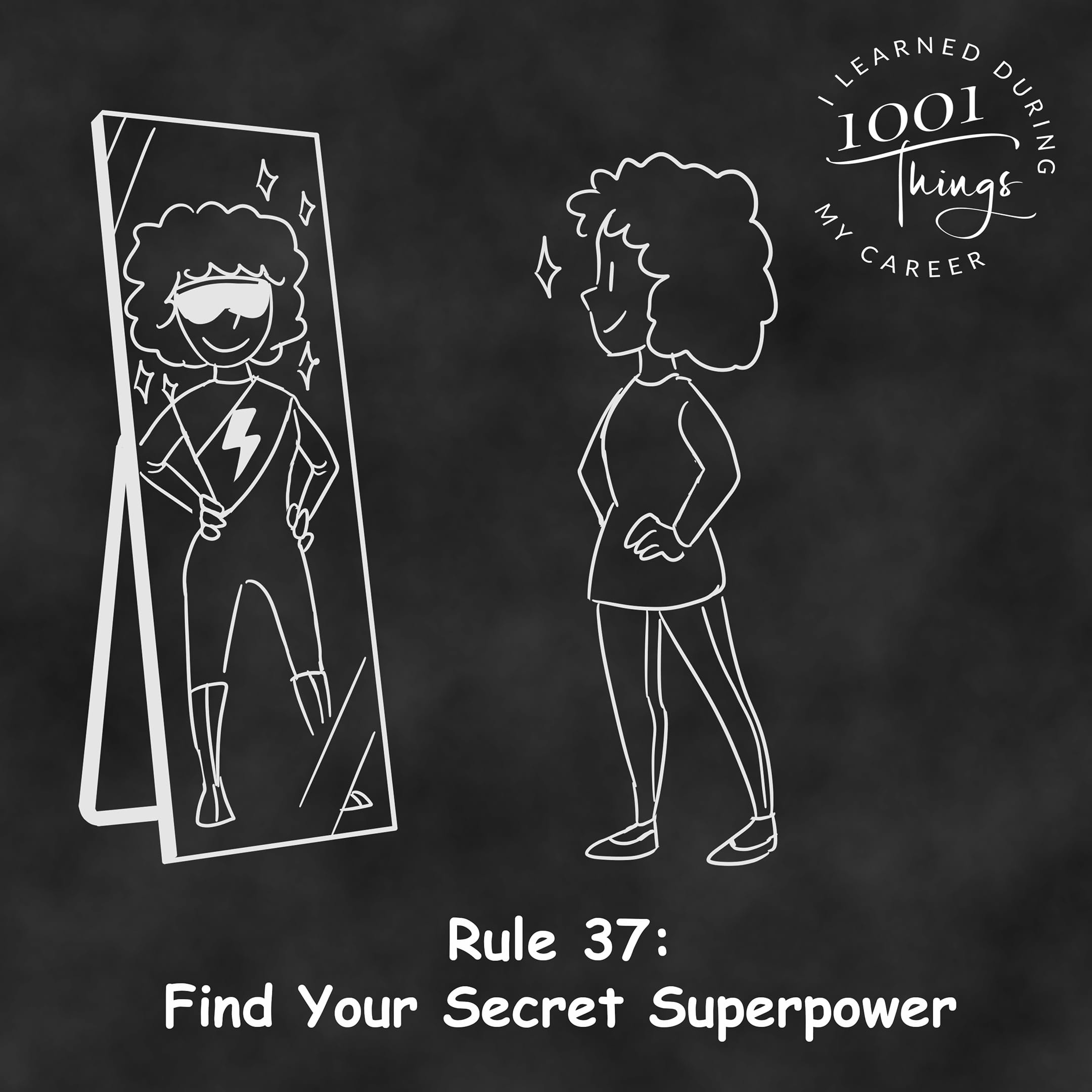 An illustration of a person looking into a mirror and seeing a superhero version of themselves.