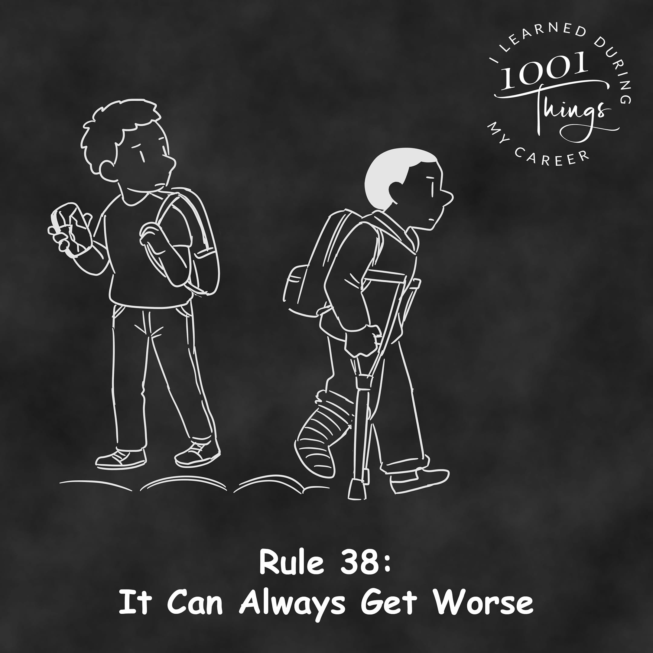 An illustration of two people standing side by side: one person holds a broken phone, looking upset; the other person has a cast on their leg and walks on crutches, looking sympathetic but determined.