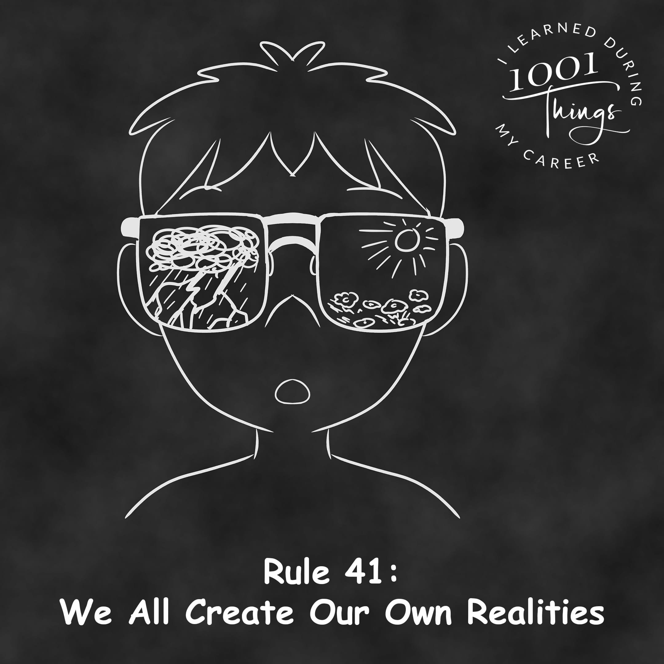 An illustration of a person is depicted wearing a pair of glasses. One lens shows a dark, stormy scene, while the other lens shows a bright, sunny day with opportunities.