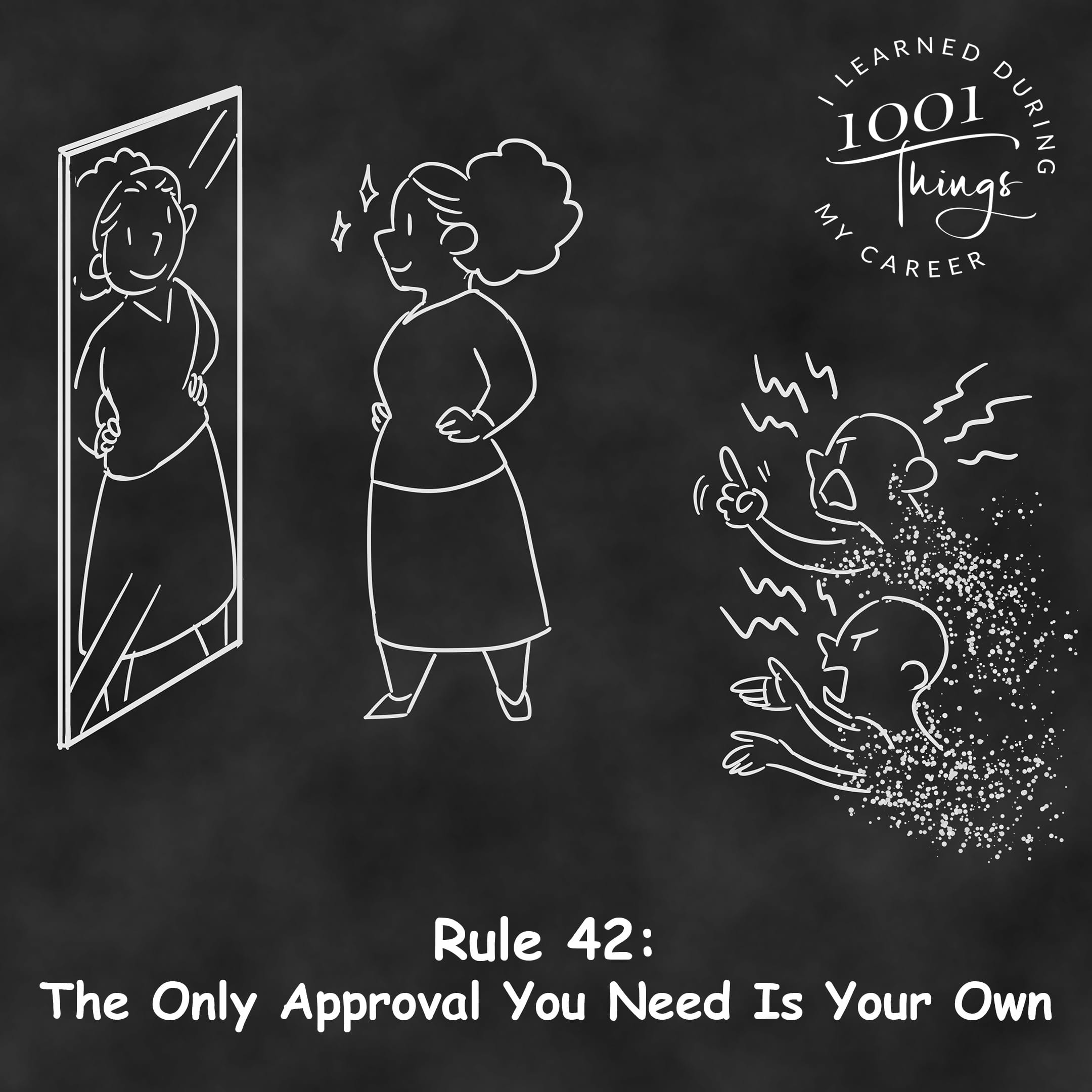 An illustration of a person looking into a mirror, with the reflection showing a confident and happy version of themselves, while behind them, shadowy figures fade away.