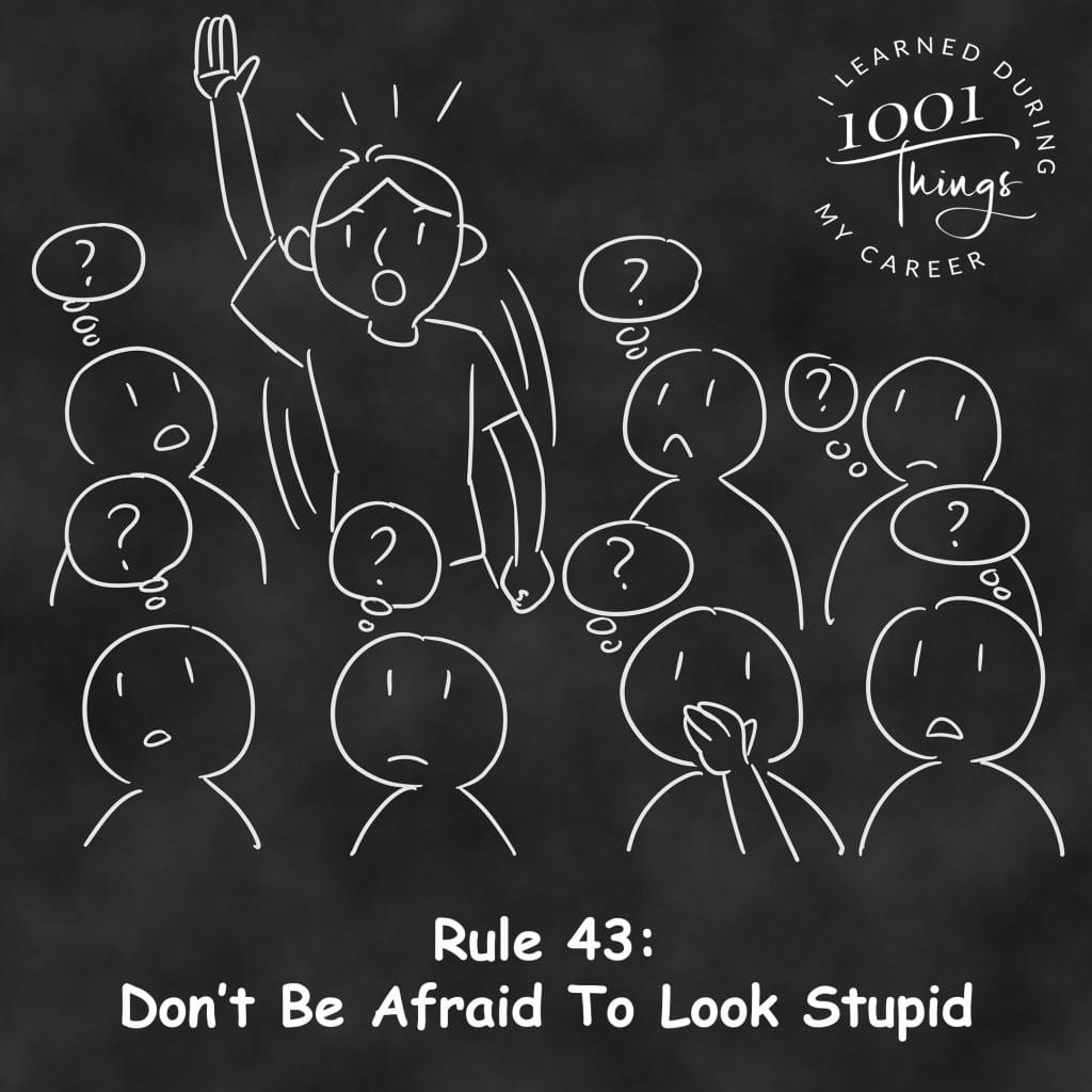 An illustration of a room full of people with thought bubbles showing question marks, and one person raising the hand and speaking up.