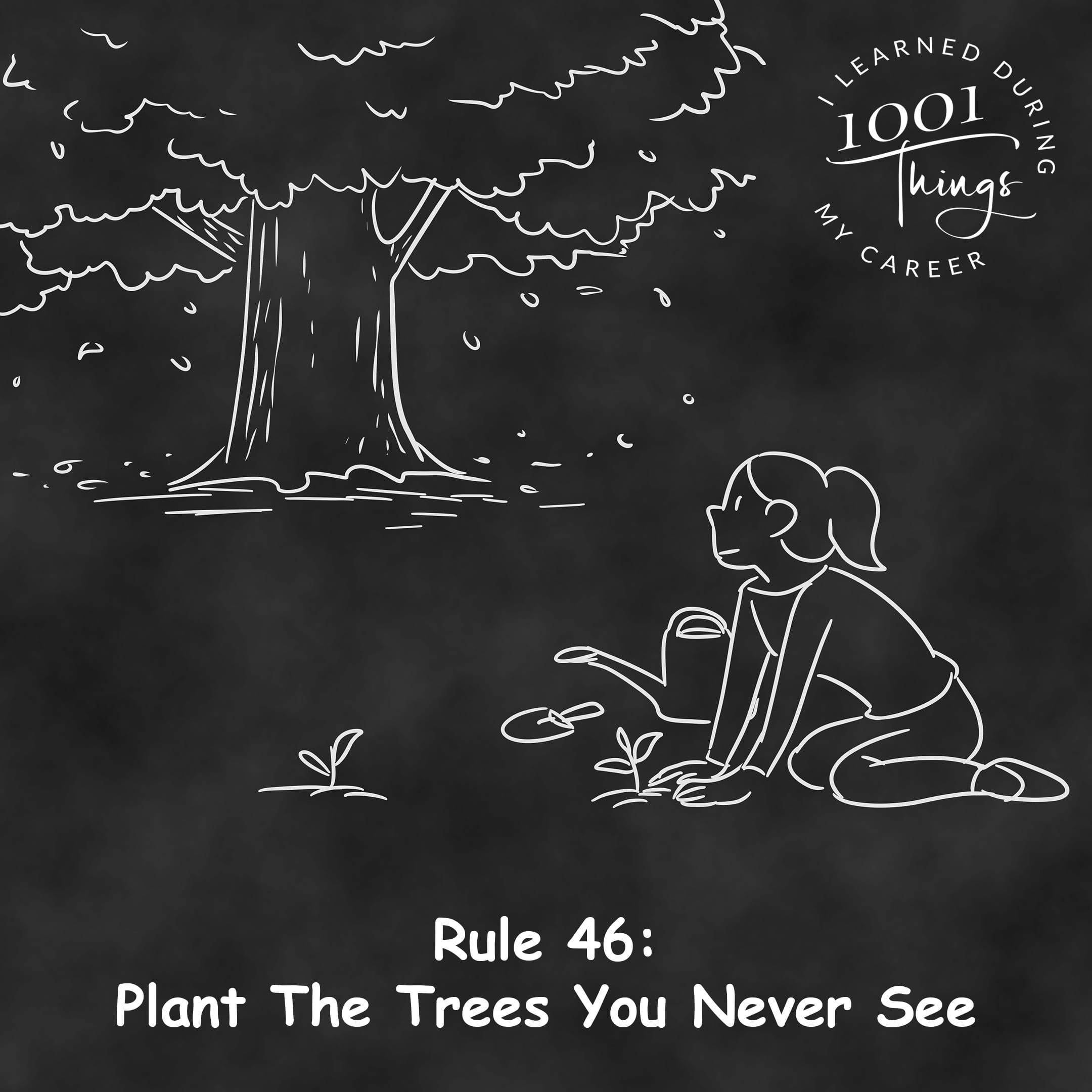 An illustration of a person planting small saplings in a field, with the distant horizon showing fully grown trees.