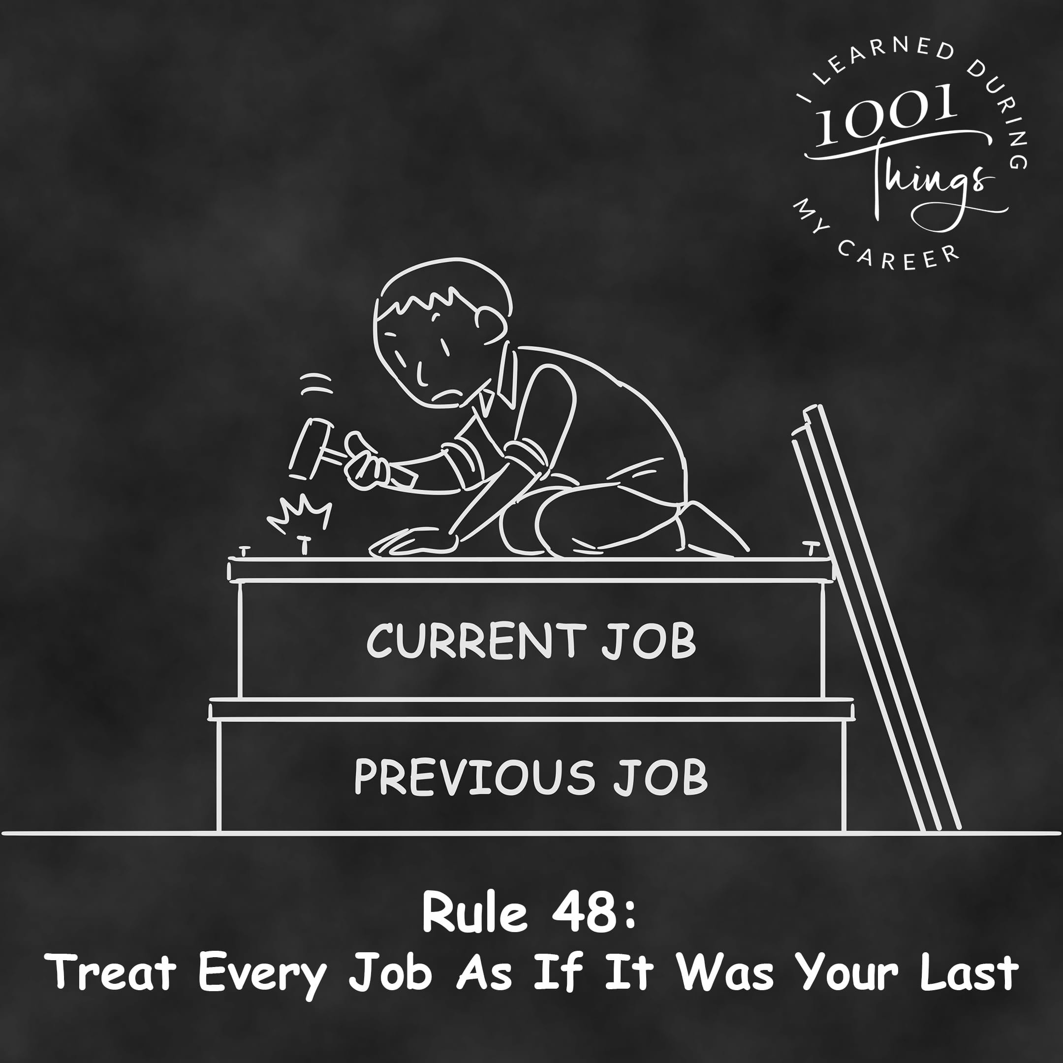 An illustration of a stair with two steps labeled "Previous Job" and "Current Job" and a person solidifying the step they are currently on.