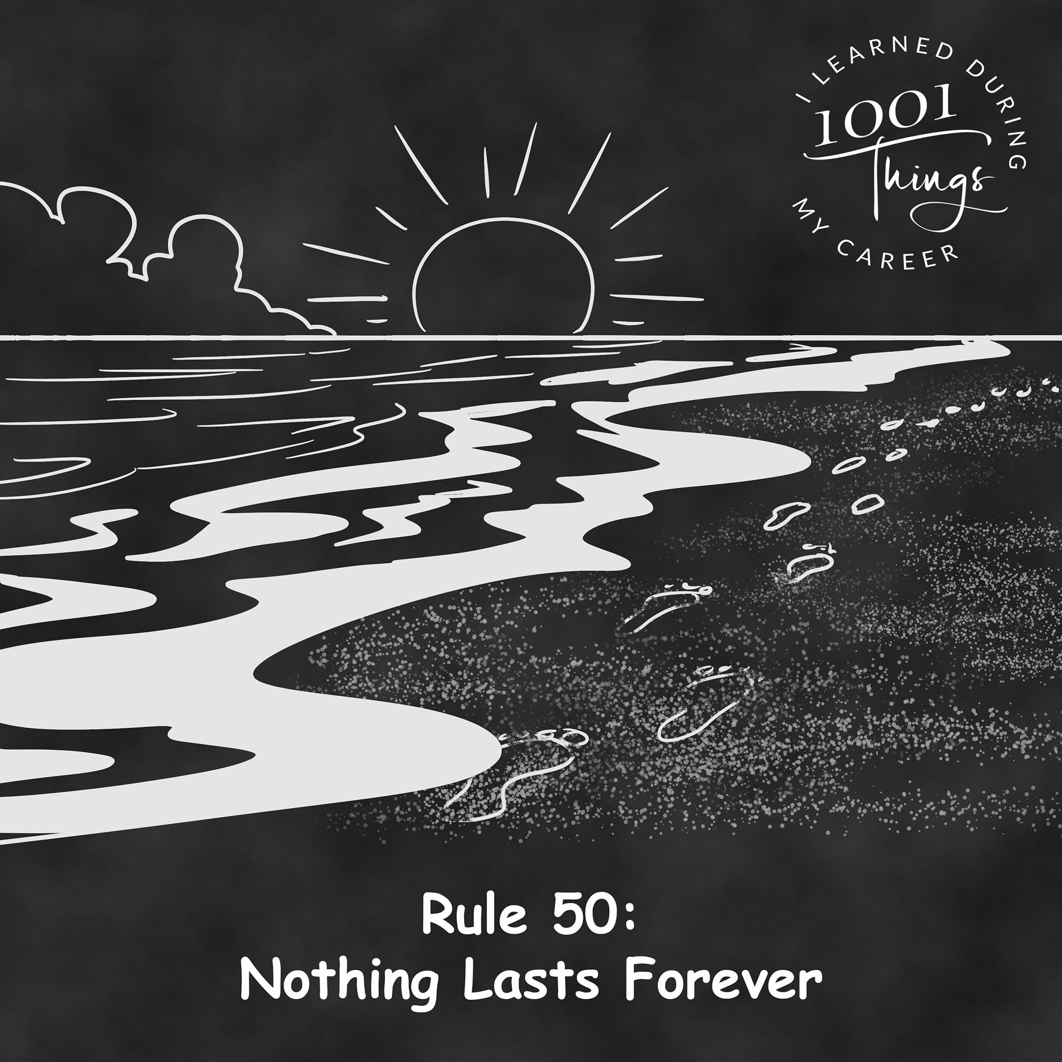An illustration of a beach scene with waves washing away footprints.