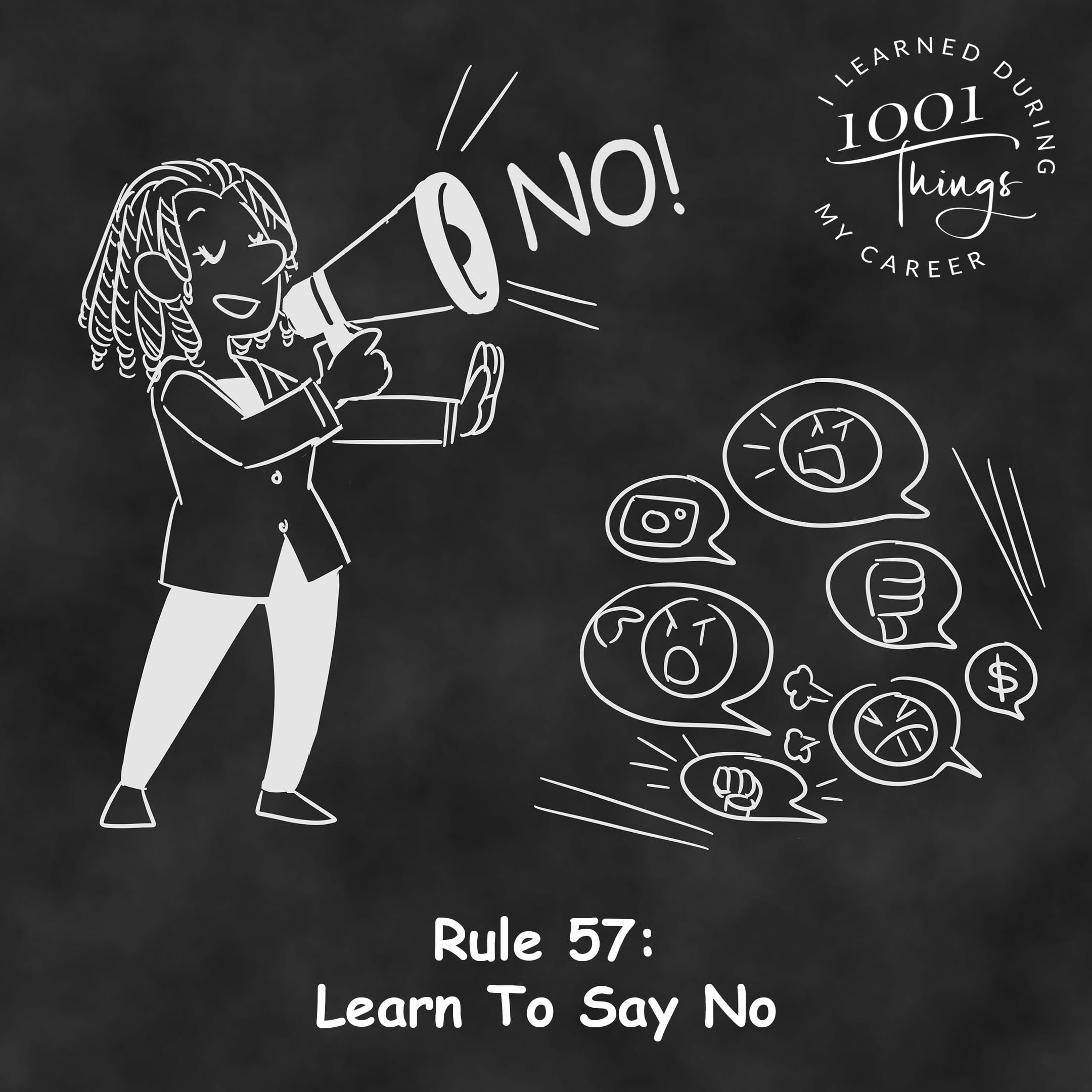 An illustration of a person standing on a stage with a microphone, confidently saying "NO" into it.