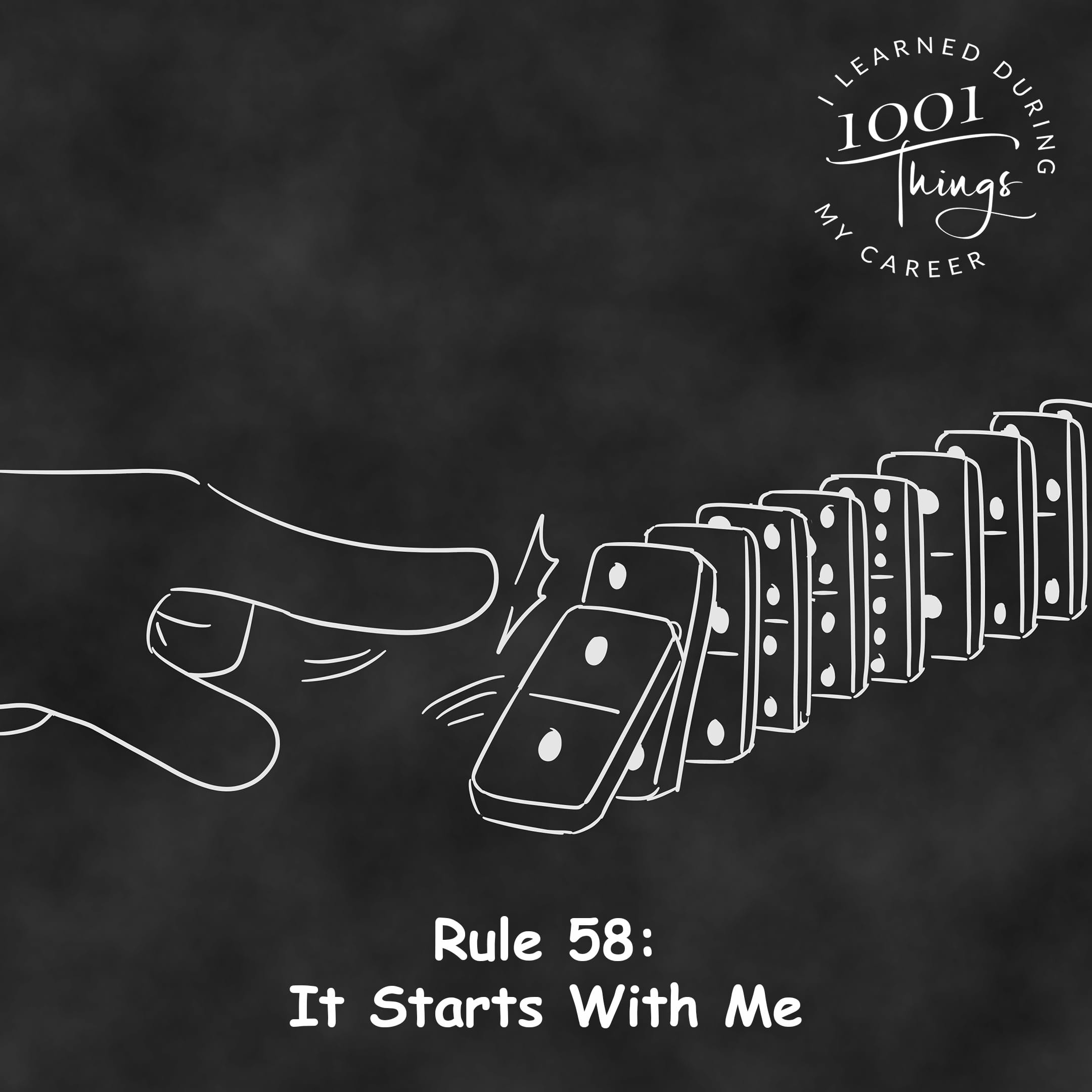 An illustration of a line of dominoes, with a hand gently pushing the first one.