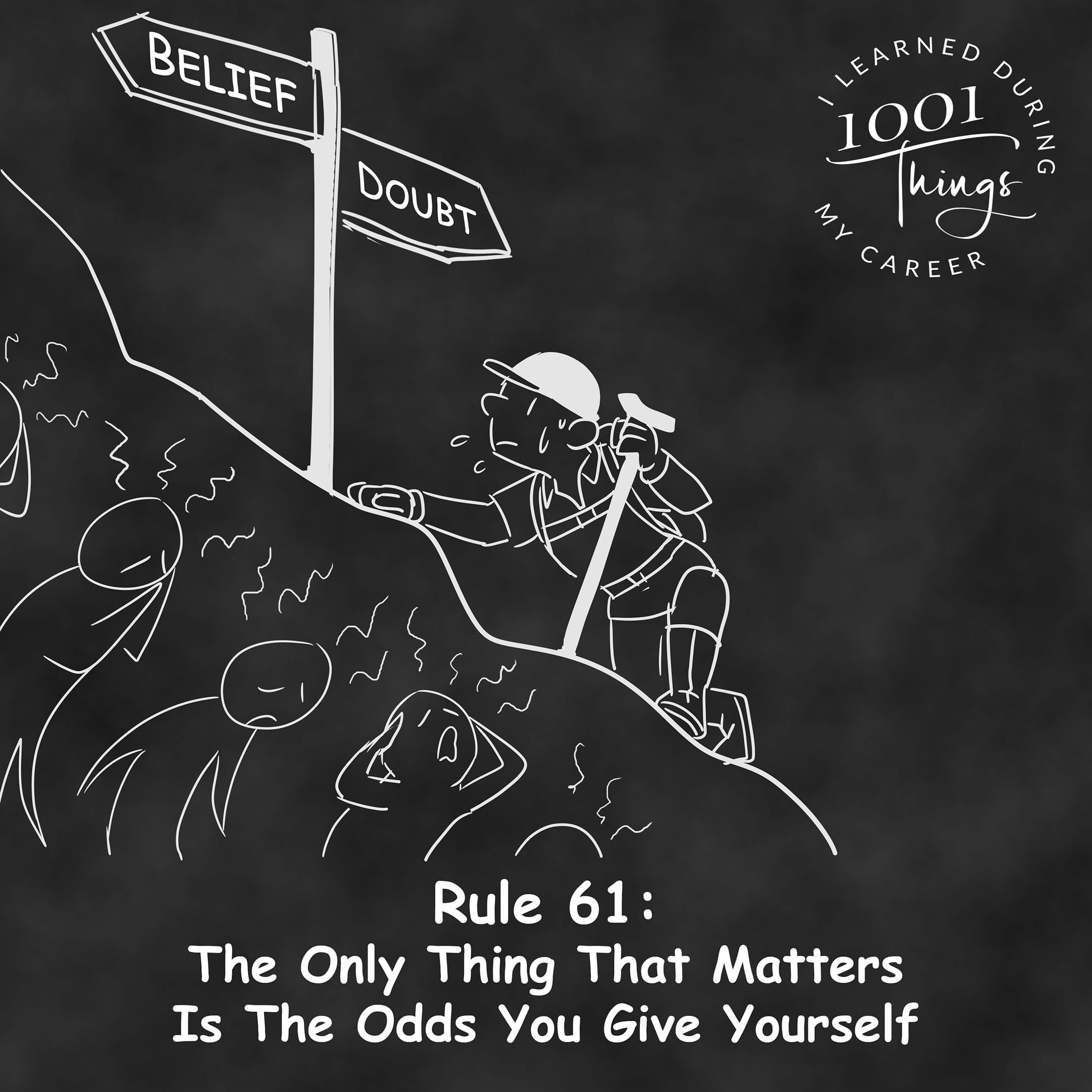 An illustration of a person running confidently uphill, while shadowy figures representing doubters and naysayers are walking downhill.