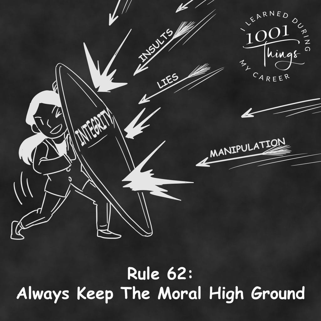 An illustration of an individual holding a large, shining shield labeled “Integrity,” fending off arrows of “Insults,” “Lies,” and “Manipulation” being shot at them.