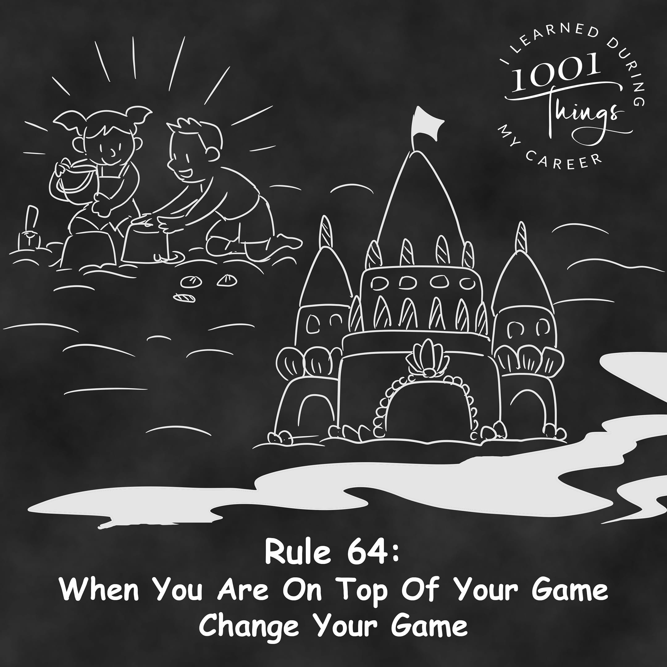 An illustration of a sandcastle that is being approached by the rising tide with two people preparing to build a new, bigger castle further up the beach.