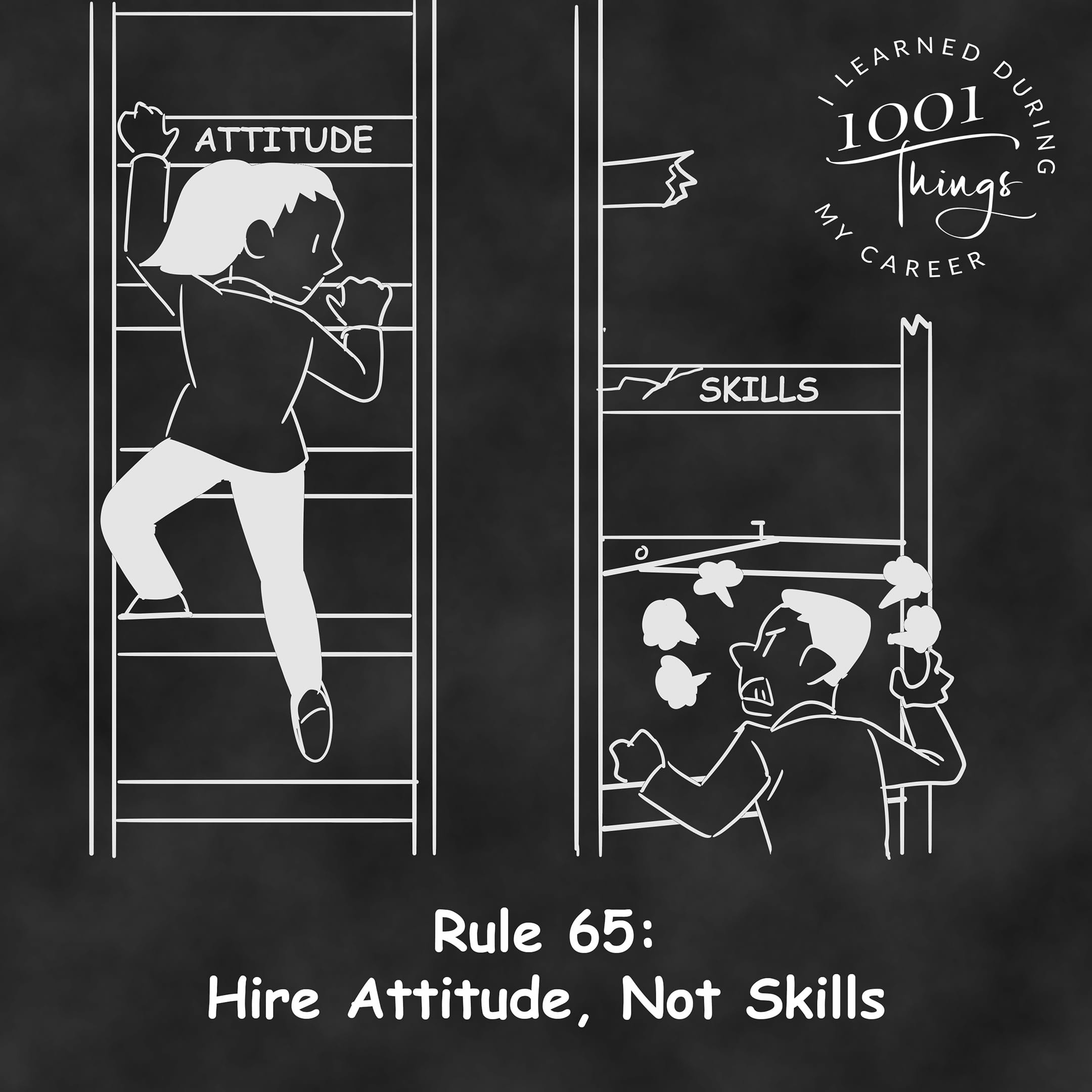 An illustration of a person climbing a ladder while another next to it is struggling to climb a broken ladder.