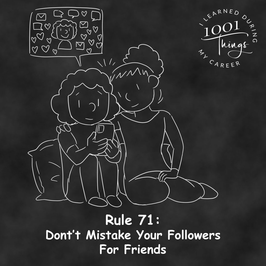 An illustration of a character looking at their phone, seeing a reflection of themselves surrounded by a large “follower” count and many notifications.
