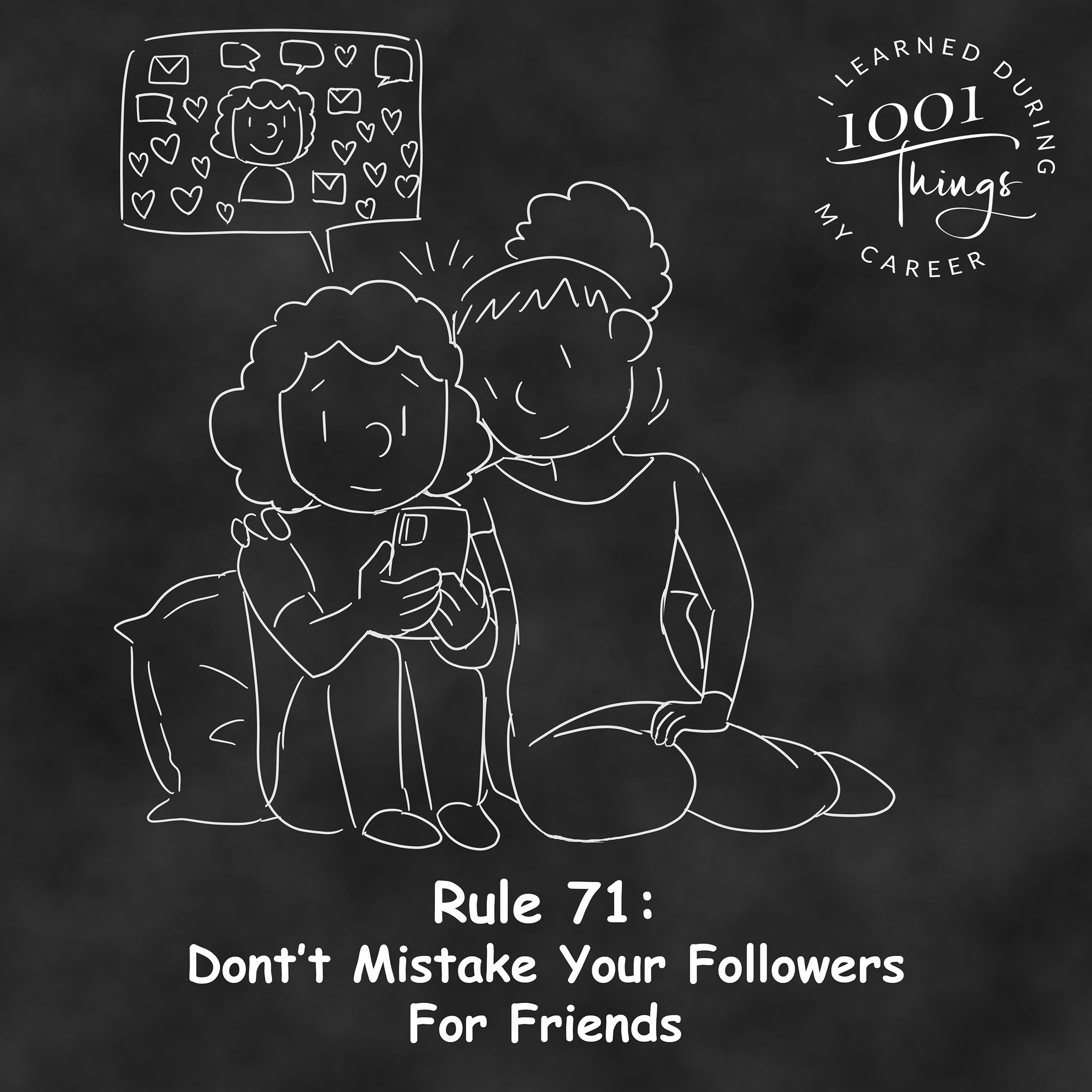 An illustration of a character looking at their phone, seeing a reflection of themselves surrounded by a large “follower” count and many notifications.