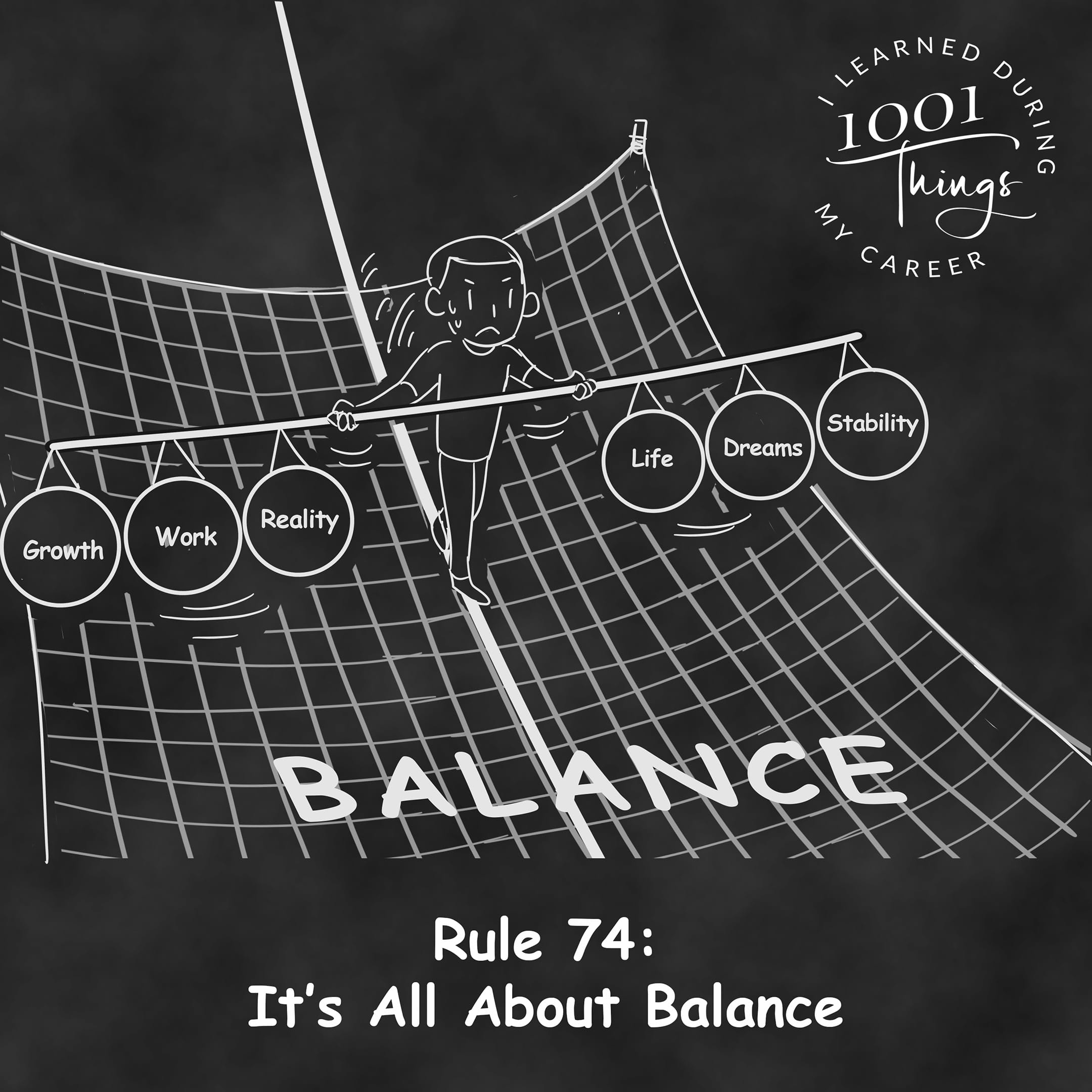 An illustration of a person walking carefully across a tightrope high above, balancing with a pole that has “Growth” “Work” “Reality” written on one end and “Stability” “Life” “Dreams” on the other.