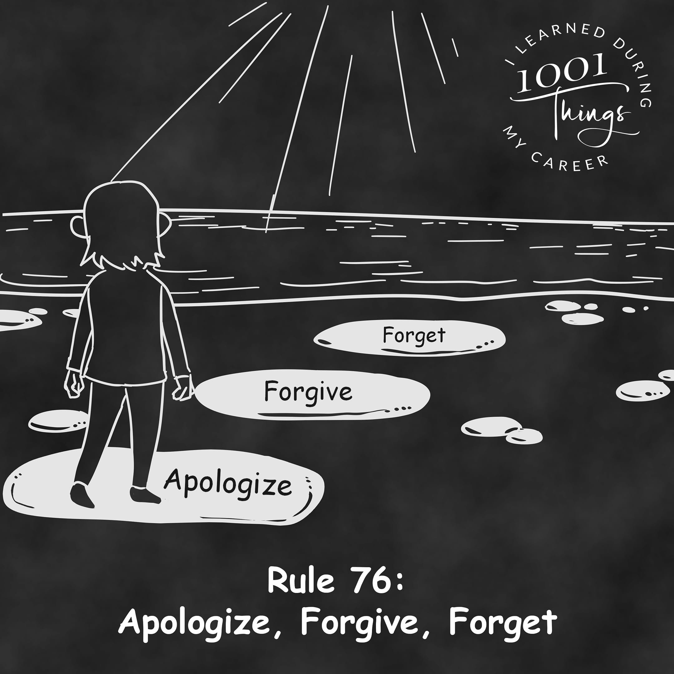 An illustration of three large stepping stones across a serene lake, and a person stepping lightly across each stone.